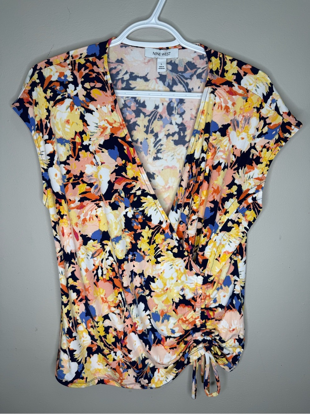 Nine West Vibrant Multi-Color Floral Short Sleeve Faux Wrap Ruched Drawstring